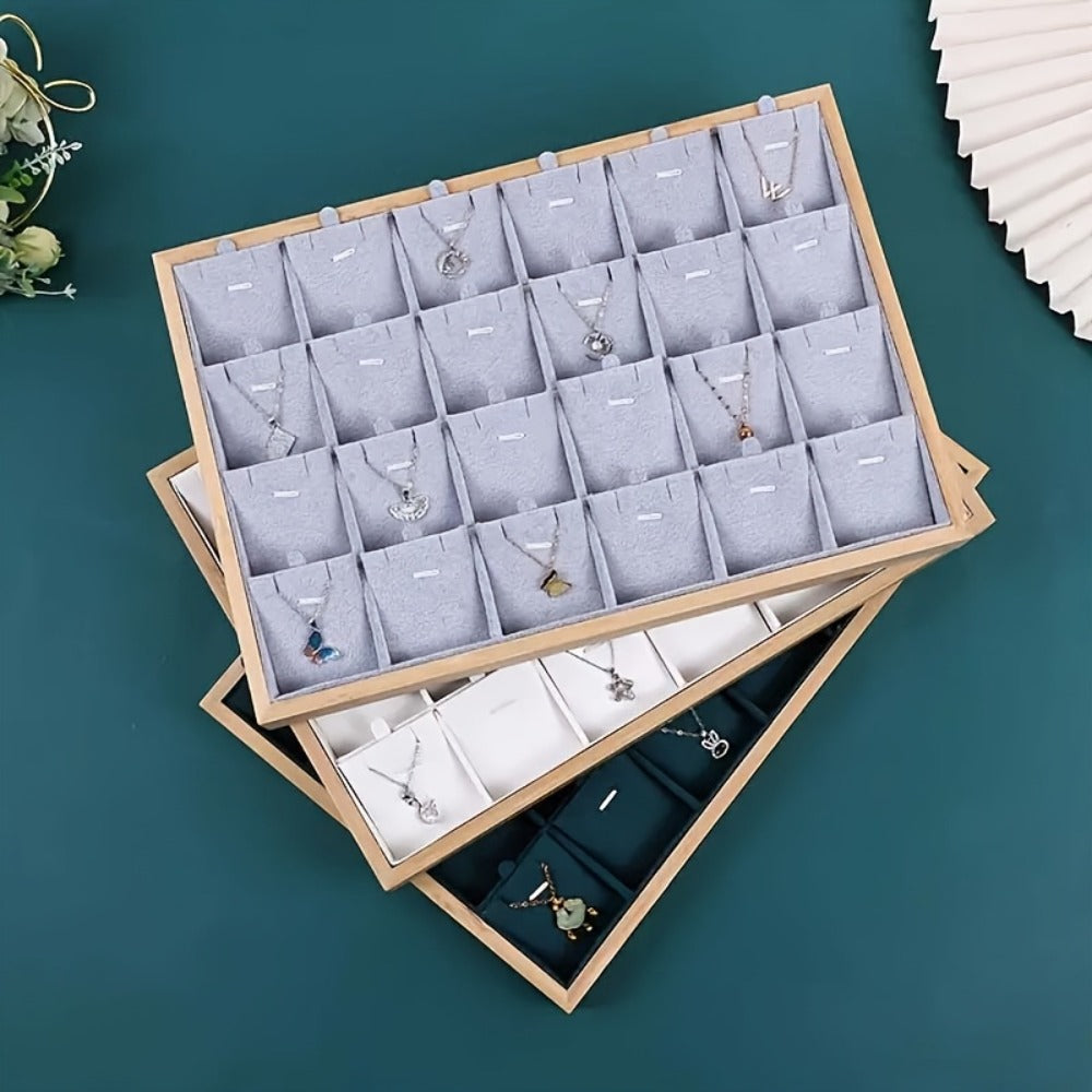 Jewelry Organizer - Tray Bamboo Wood 24 Grid Large Capacity Necklace & Pendant Display Rack - product detail view 11