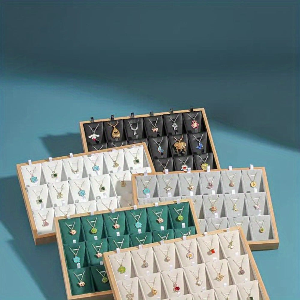 Jewelry Organizer - Tray Bamboo Wood 24 Grid Large Capacity Necklace & Pendant Display Rack - product detail view 12