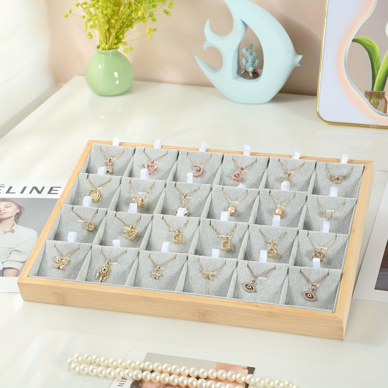 Jewelry Organizer - Tray Bamboo Wood 24 Grid Large Capacity Necklace & Pendant Display Rack - product detail view 15