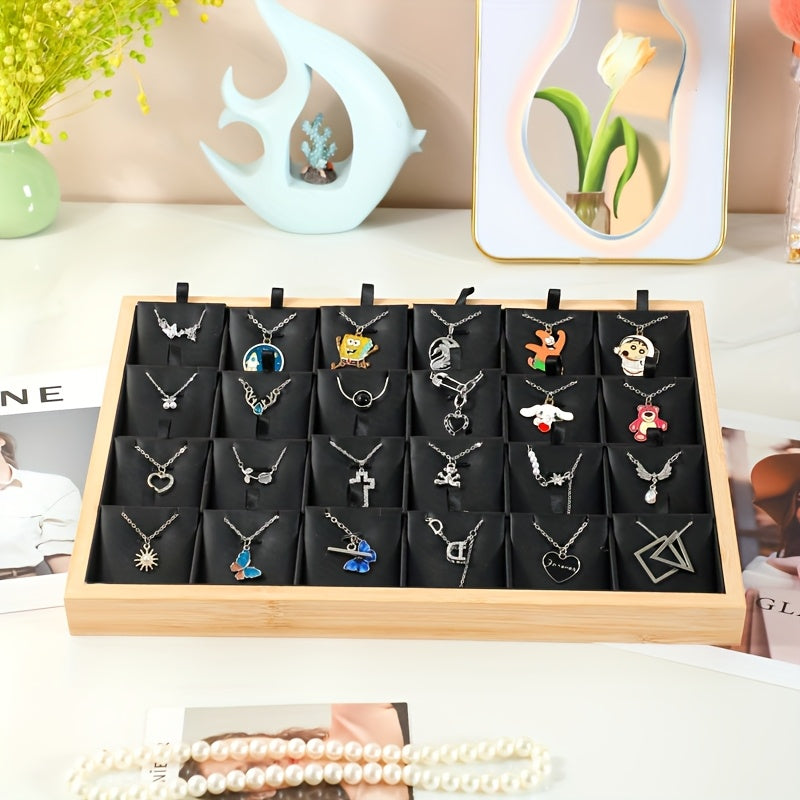 Jewelry Organizer - Tray Bamboo Wood 24 Grid Large Capacity Necklace & Pendant Display Rack - product detail view 16