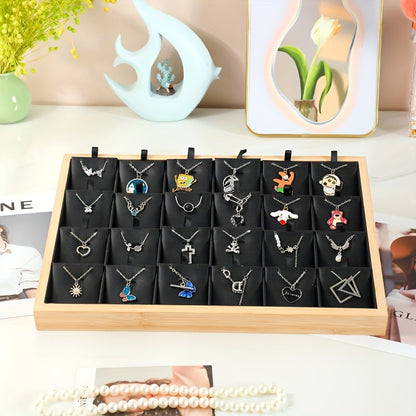 Jewelry Organizer - Tray Bamboo Wood 24 Grid Large Capacity Necklace & Pendant Display Rack - product detail view 16