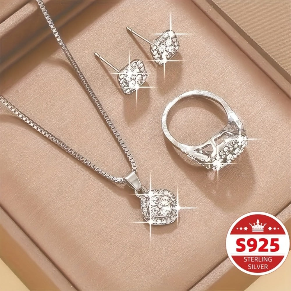 Jewelry Set for Women - Boho S925 Sterling Silver Rhinestone Necklace Earrings Ring 3 Piece - main product view