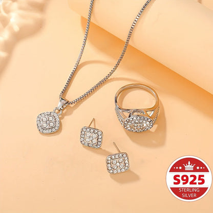 Jewelry Set for Women - Boho S925 Sterling Silver Rhinestone Necklace Earrings Ring 3 Piece - product detail view 2