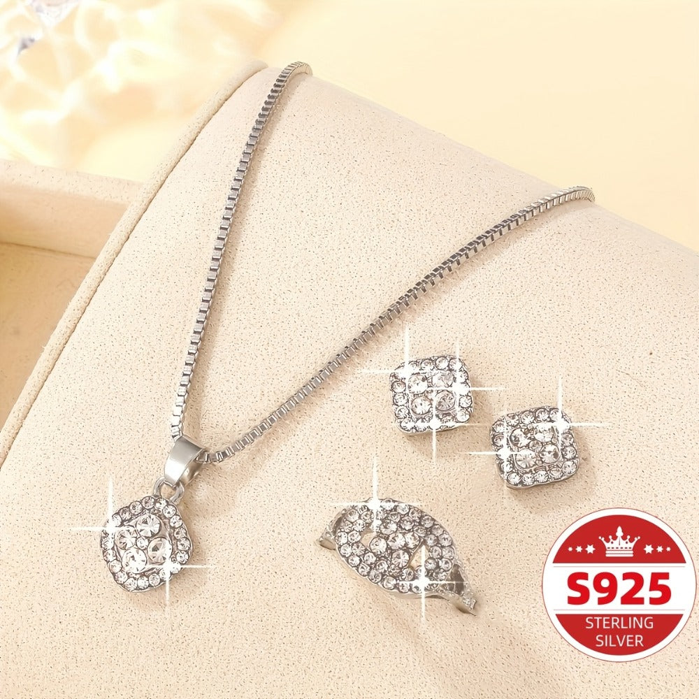 Jewelry Set for Women - Boho S925 Sterling Silver Rhinestone Necklace Earrings Ring 3 Piece - product detail view 3