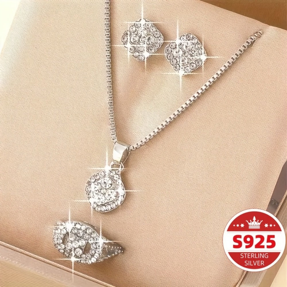 Jewelry Set for Women - Boho S925 Sterling Silver Rhinestone Necklace Earrings Ring 3 Piece - product detail view 4