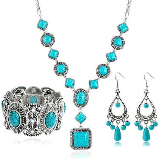 Jewelry Set for Women - Turquoise for Boho - 3 Piece Natural Stone Necklace Bracelet Earrings - main product view
