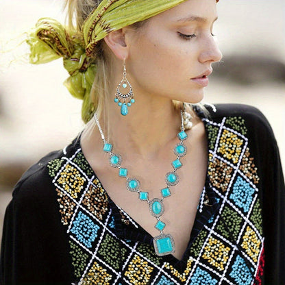 Jewelry Set for Women - Turquoise for Boho - 3 Piece Natural Stone Necklace Bracelet Earrings - product detail view 2