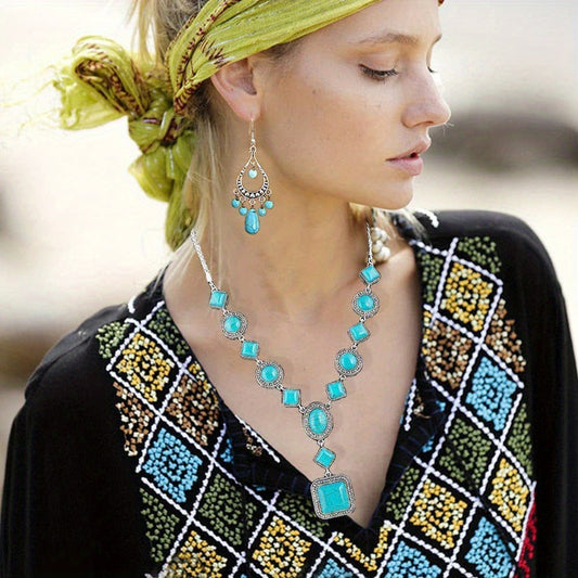 Jewelry Set for Women - Turquoise for Boho - 3 Piece Natural Stone Necklace Bracelet Earrings - product detail view 2