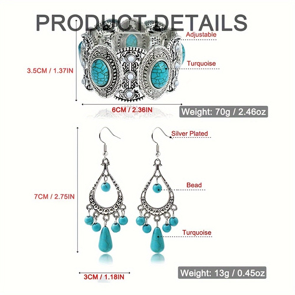 Jewelry Set for Women - Turquoise for Boho - 3 Piece Natural Stone Necklace Bracelet Earrings - product detail view 4