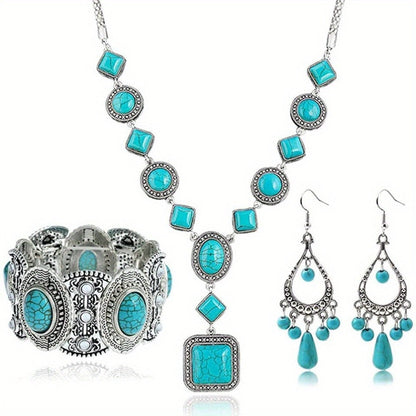 Jewelry Set for Women - Turquoise for Boho - 3 Piece Natural Stone Necklace Bracelet Earrings - product detail view 6