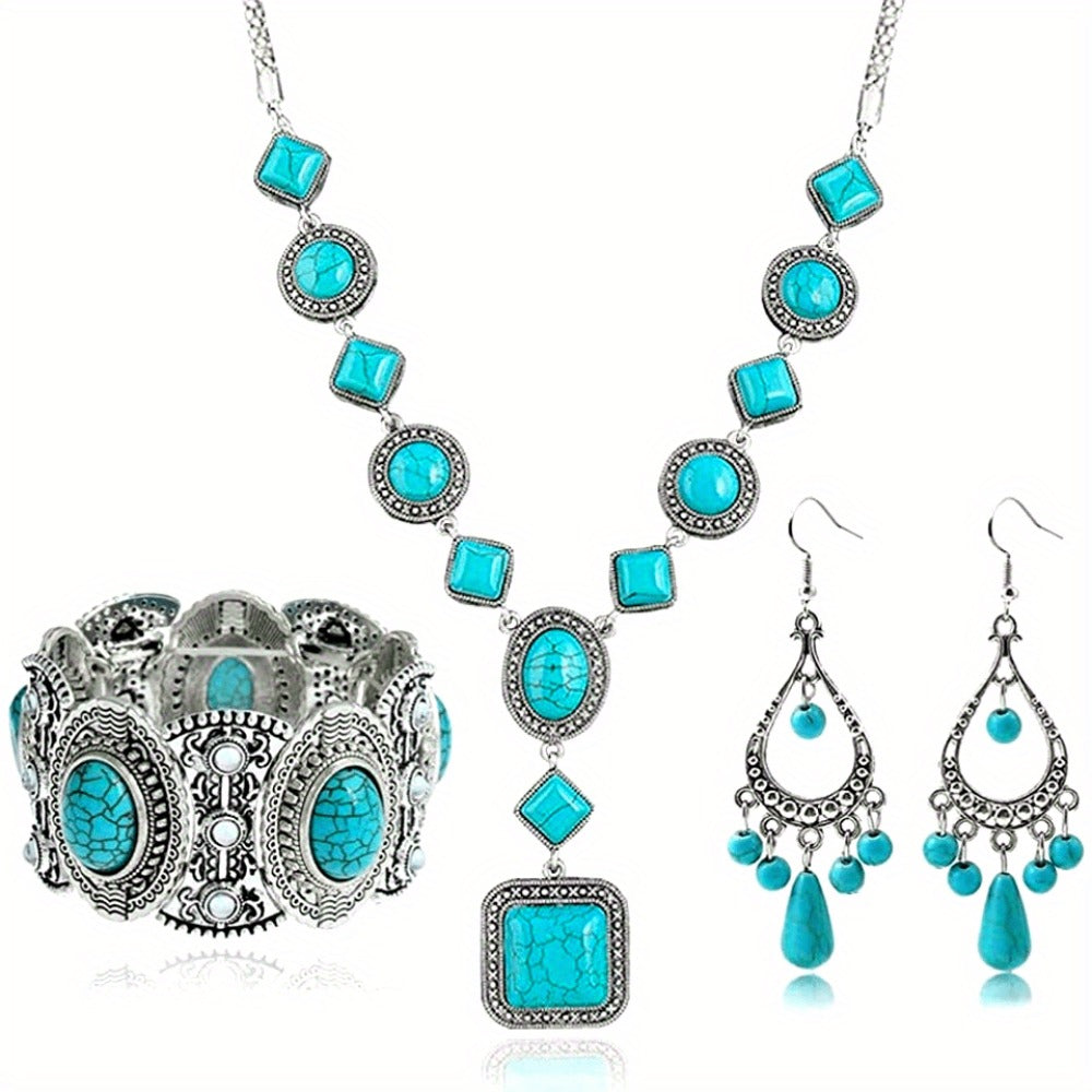 Jewelry Set for Women - Turquoise for Boho - 3 Piece Natural Stone Necklace Bracelet Earrings - product detail view 7
