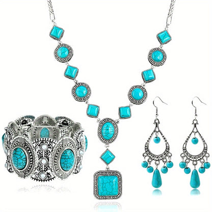 Jewelry Set for Women - Turquoise for Boho - 3 Piece Natural Stone Necklace Bracelet Earrings - product detail view 7