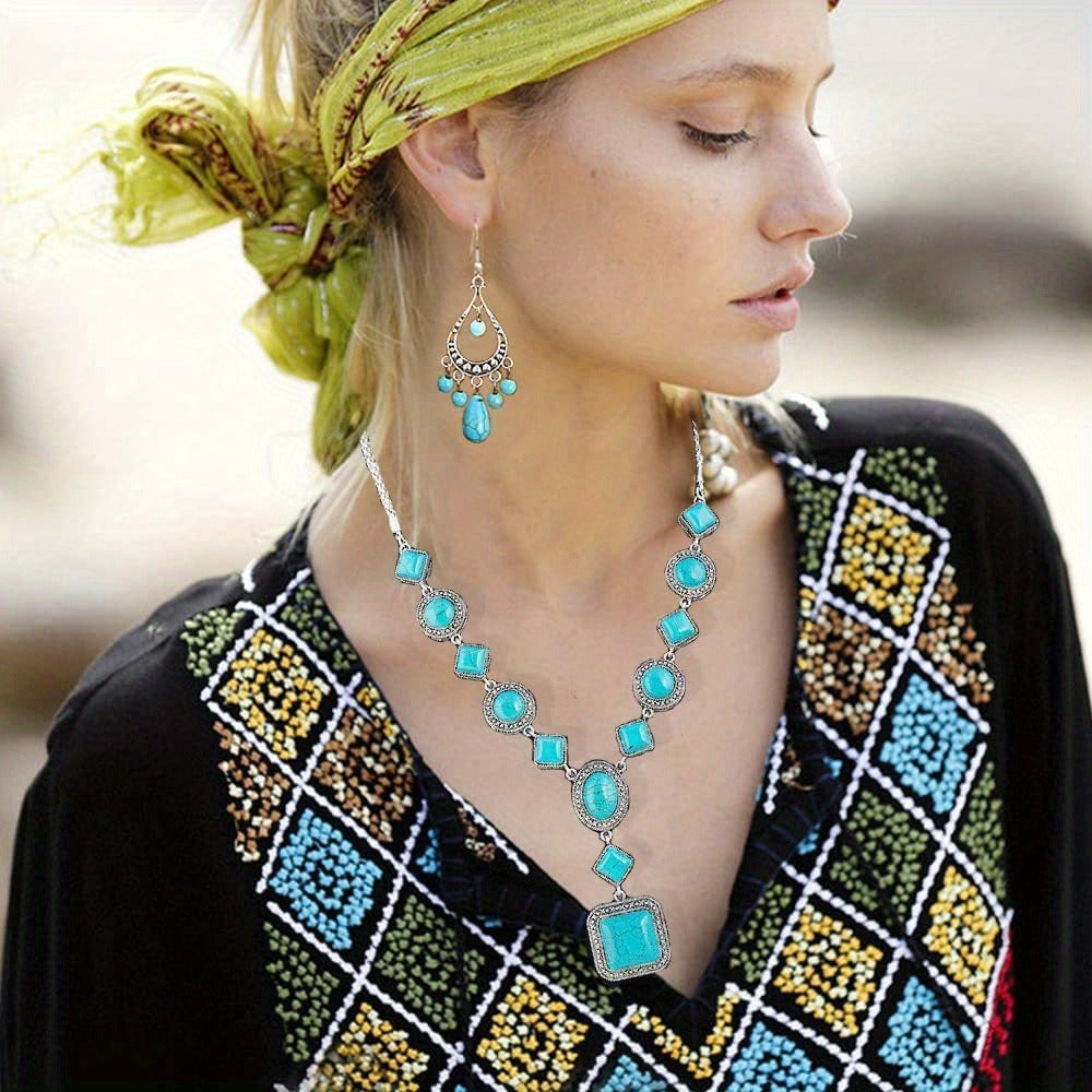 Jewelry Set for Women - Turquoise for Boho - 3 Piece Natural Stone Necklace Bracelet Earrings - product detail view 8
