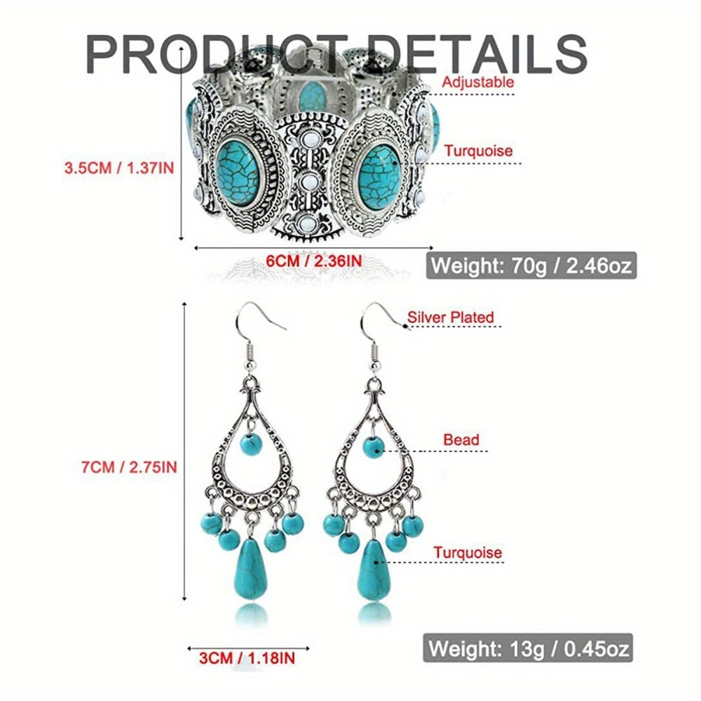 Jewelry Set for Women - Turquoise for Boho - 3 Piece Natural Stone Necklace Bracelet Earrings - product detail view 10