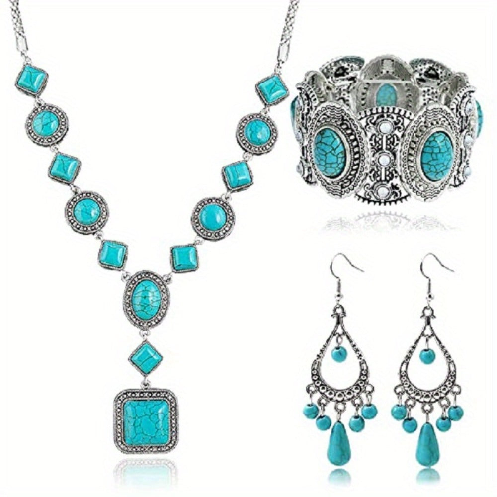 Jewelry Set for Women - Turquoise for Boho - 3 Piece Natural Stone Necklace Bracelet Earrings - product detail view 14