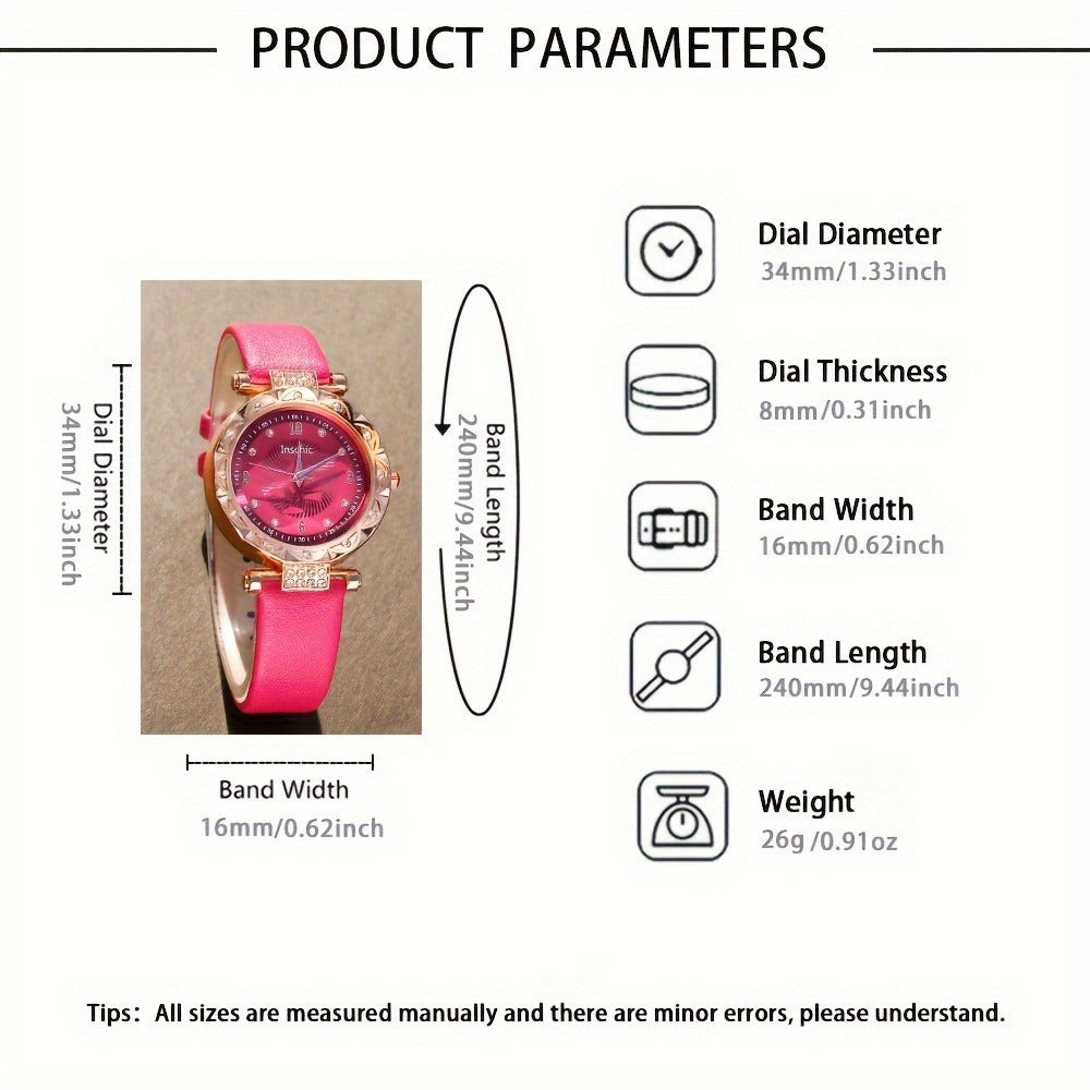 Jewelry Set with Watch - & for Women 5-Piece Rose Red Rhinestone Quartz Wristwatch, Necklace - product detail view 3