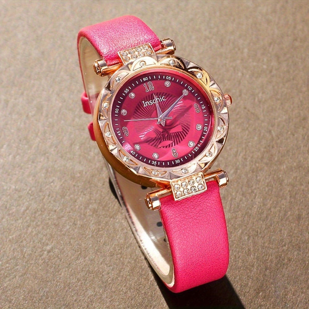 Jewelry Set with Watch - & for Women 5-Piece Rose Red Rhinestone Quartz Wristwatch, Necklace - product detail view 5