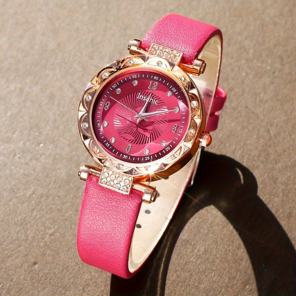 Jewelry Set with Watch - & for Women 5-Piece Rose Red Rhinestone Quartz Wristwatch, Necklace - product detail view 6