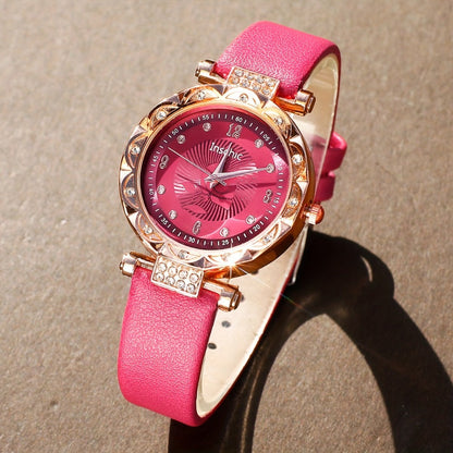 Jewelry Set with Watch - & for Women 5-Piece Rose Red Rhinestone Quartz Wristwatch, Necklace - product detail view 7