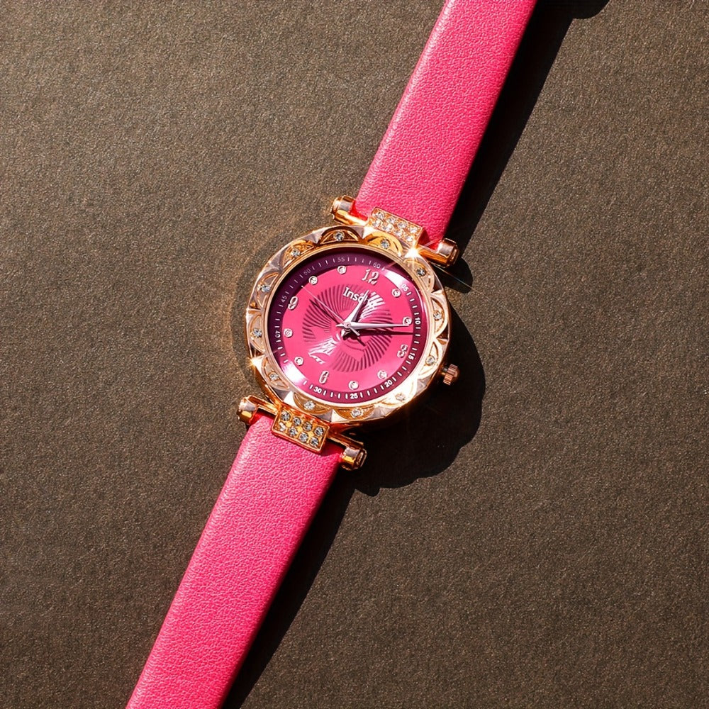 Jewelry Set with Watch - & for Women 5-Piece Rose Red Rhinestone Quartz Wristwatch, Necklace - product detail view 8