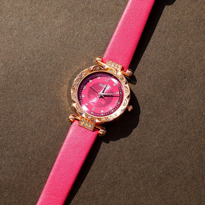 Jewelry Set with Watch - & for Women 5-Piece Rose Red Rhinestone Quartz Wristwatch, Necklace - product detail view 8