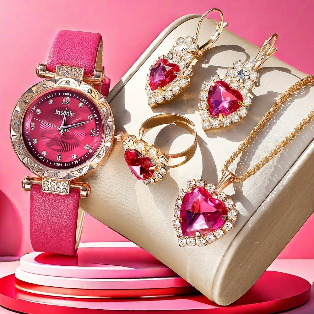 Jewelry Set with Watch - & for Women 5-Piece Rose Red Rhinestone Quartz Wristwatch, Necklace - product detail view 9