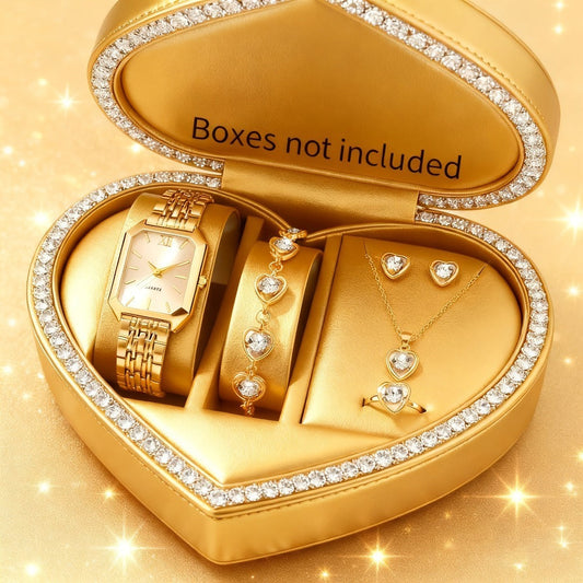 Jewelry Set with Watch - Women 6pcs Elegant Minimalist Quartz Square Dial Ladies with Heart Pendant - product detail view 2