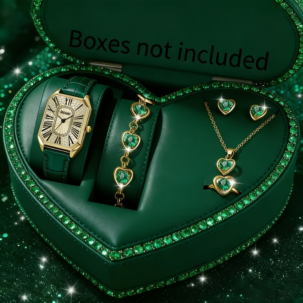 Jewelry Set with Watch - Women 6pcs Elegant Minimalist Quartz Square Dial Ladies with Heart Pendant - product detail view 3