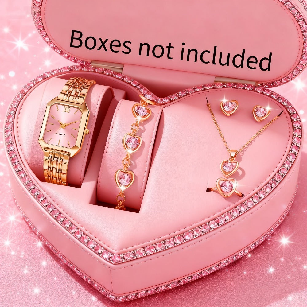 Jewelry Set with Watch - Women 6pcs Elegant Minimalist Quartz Square Dial Ladies with Heart Pendant - product detail view 4