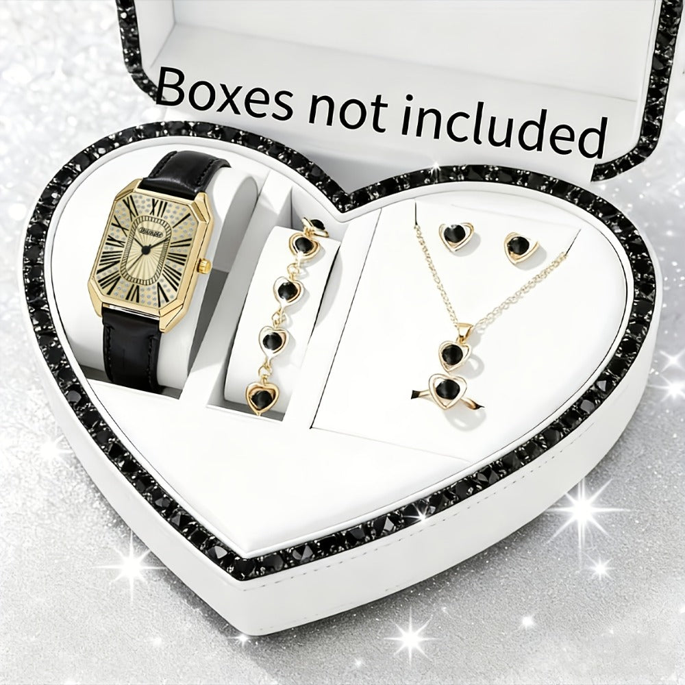 Jewelry Set with Watch - Women 6pcs Elegant Minimalist Quartz Square Dial Ladies with Heart Pendant - product detail view 5