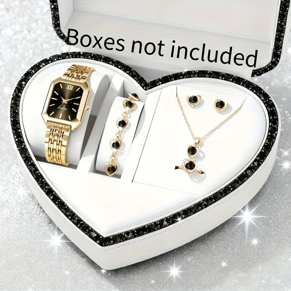 Jewelry Set with Watch - Women 6pcs Elegant Minimalist Quartz Square Dial Ladies with Heart Pendant - product detail view 6