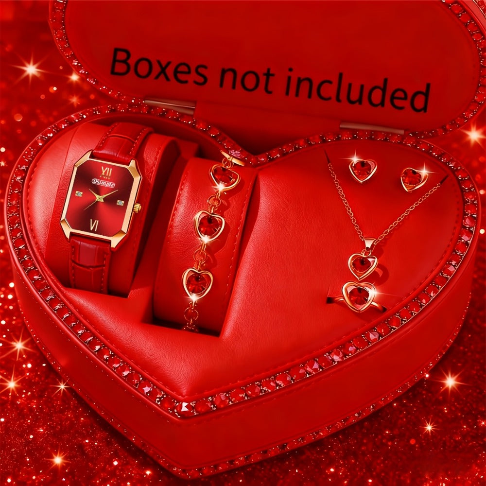 Jewelry Set with Watch - Women 6pcs Elegant Minimalist Quartz Square Dial Ladies with Heart Pendant - product detail view 7
