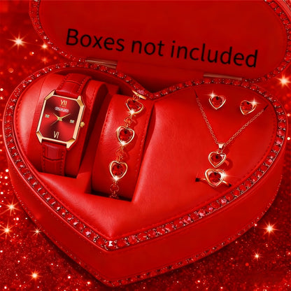 Jewelry Set with Watch - Women 6pcs Elegant Minimalist Quartz Square Dial Ladies with Heart Pendant - product detail view 7