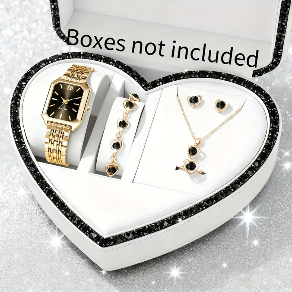 Jewelry Set with Watch - Women 6pcs Elegant Minimalist Quartz Square Dial Ladies with Heart Pendant - product detail view 11