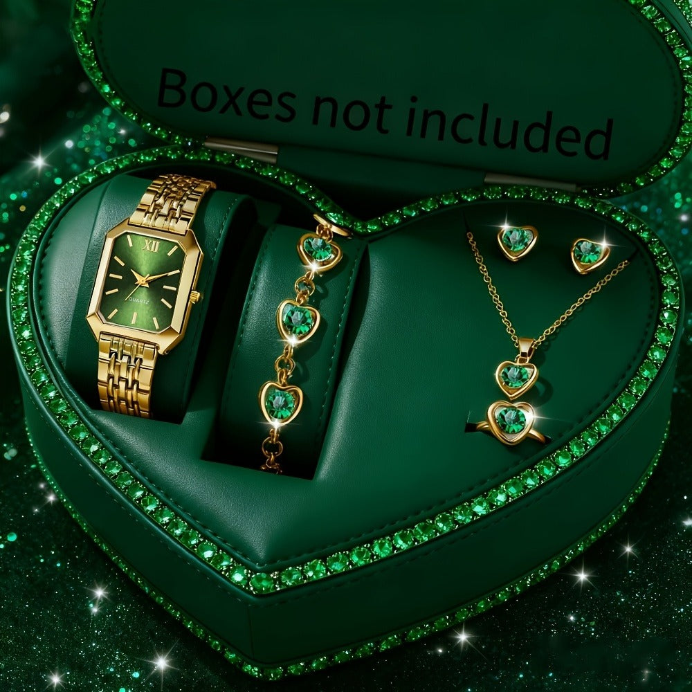 Jewelry Set with Watch - Women 6pcs Elegant Minimalist Quartz Square Dial Ladies with Heart Pendant - product detail view 21