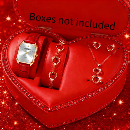 Jewelry Set with Watch - Women 6pcs Elegant Minimalist Quartz Square Dial Ladies with Heart Pendant - product detail view 35