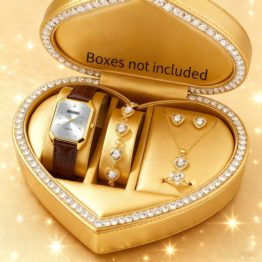 Jewelry Set with Watch - Women 6pcs Elegant Minimalist Quartz Square Dial Ladies with Heart Pendant - product detail view 39