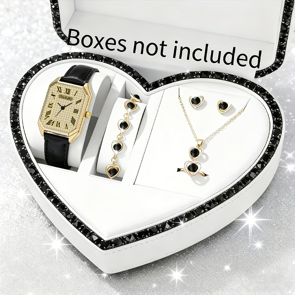 Jewelry Set with Watch - Women 6pcs Elegant Minimalist Quartz Square Dial Ladies with Heart Pendant - product detail view 49