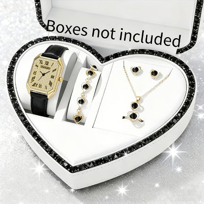 Jewelry Set with Watch - Women 6pcs Elegant Minimalist Quartz Square Dial Ladies with Heart Pendant - product detail view 49