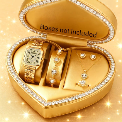 Jewelry Set with Watch - Women 6pcs Elegant Minimalist Quartz Square Dial Ladies with Heart Pendant - product detail view 55