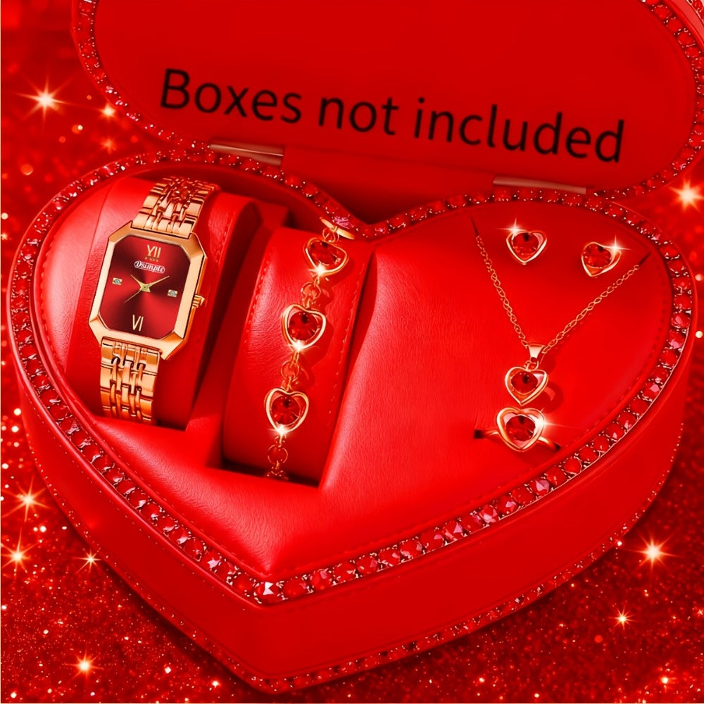 Jewelry Set with Watch - Women 6pcs Elegant Minimalist Quartz Square Dial Ladies with Heart Pendant - product detail view 56