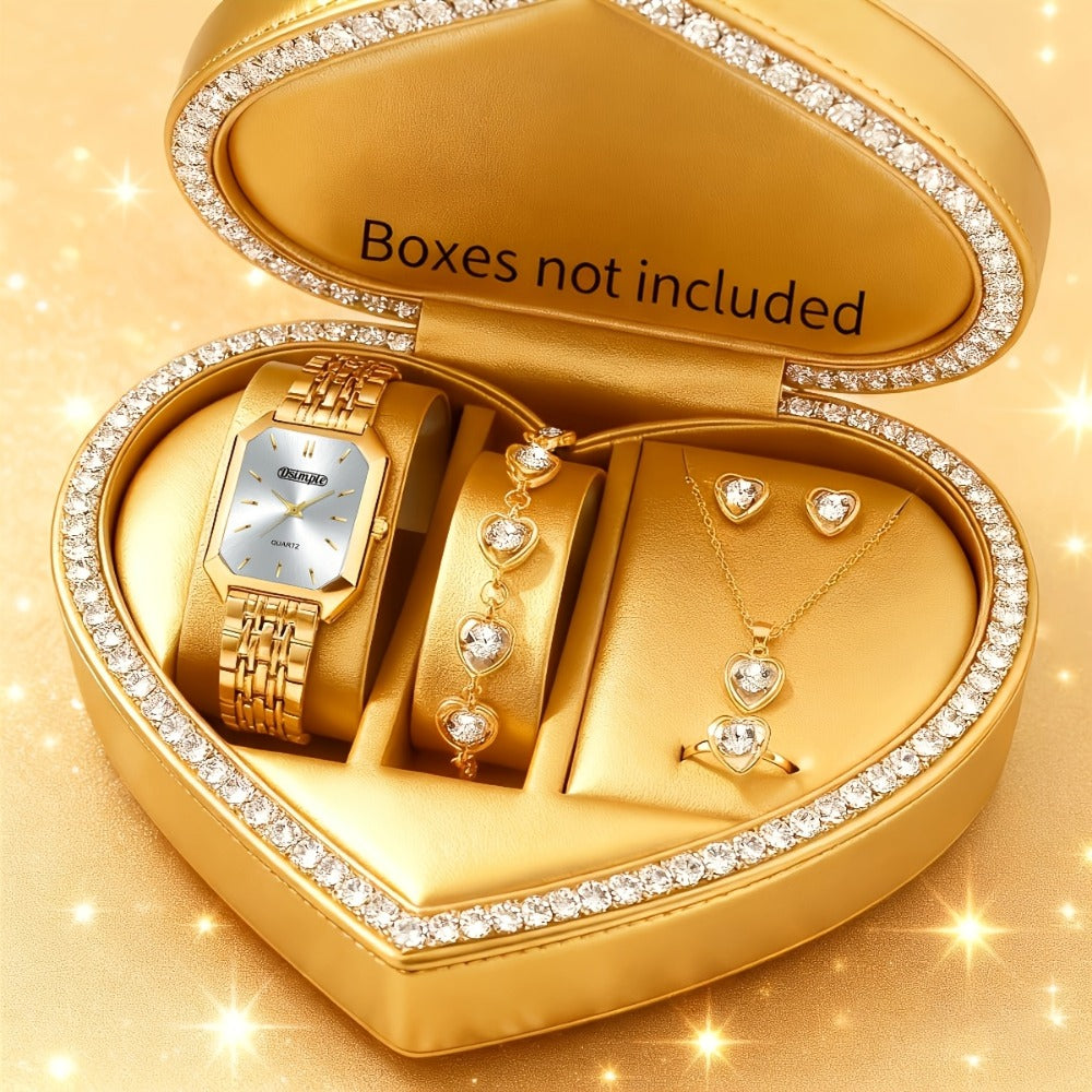 Jewelry Set with Watch - Women 6pcs Elegant Minimalist Quartz Square Dial Ladies with Heart Pendant - product detail view 57