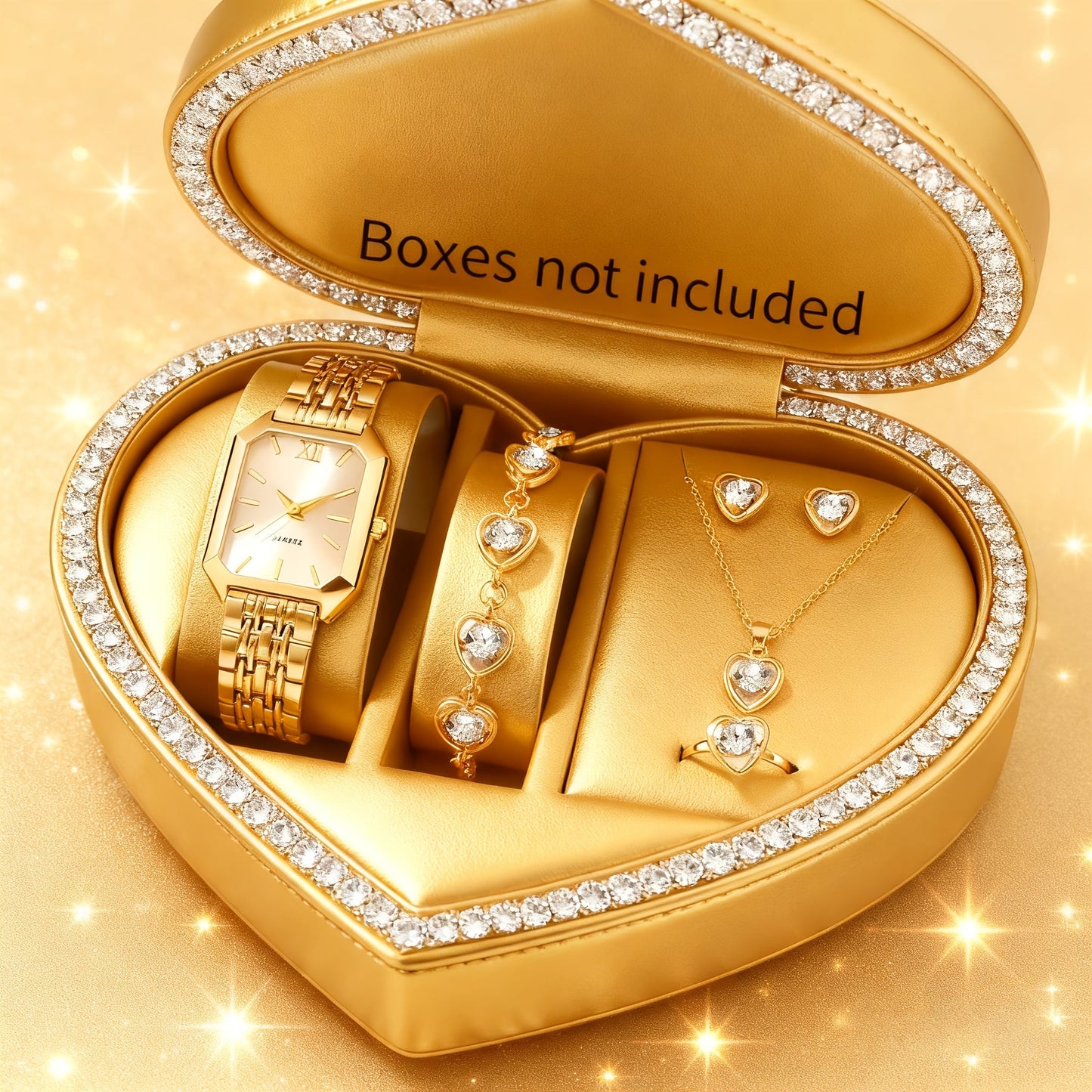 Jewelry Set with Watch - Women 6pcs Elegant Minimalist Quartz Square Dial Ladies with Heart Pendant - product detail view 60