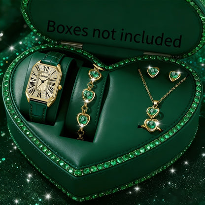 Jewelry Set with Watch - Women 6pcs Elegant Minimalist Quartz Square Dial Ladies with Heart Pendant - product detail view 61