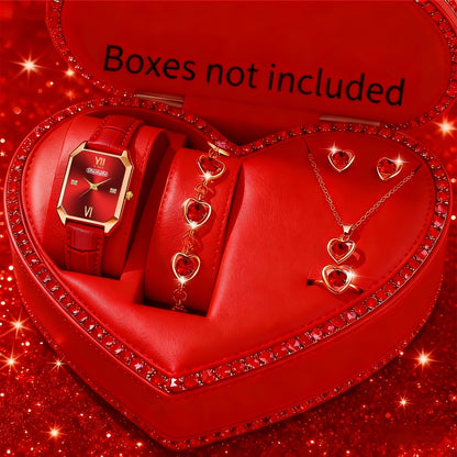 Jewelry Set with Watch - Women 6pcs Elegant Minimalist Quartz Square Dial Ladies with Heart Pendant - product detail view 63