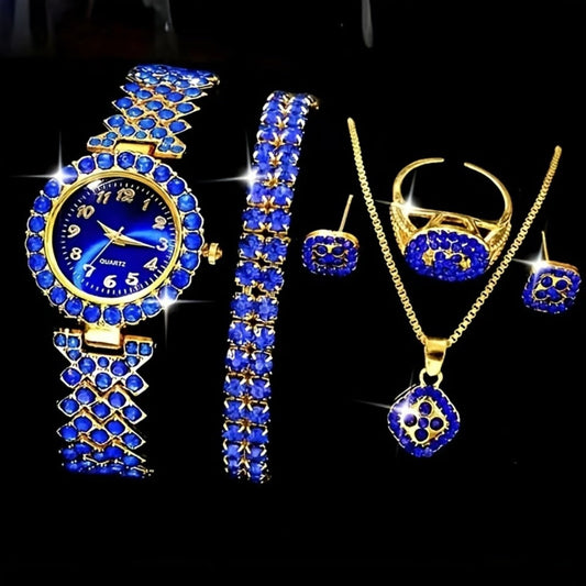 Jewelry Set with Watch - Blue Rhinestone Women's & 6pcs Luxury Crystal Quartz with Matching Fashion - main product view