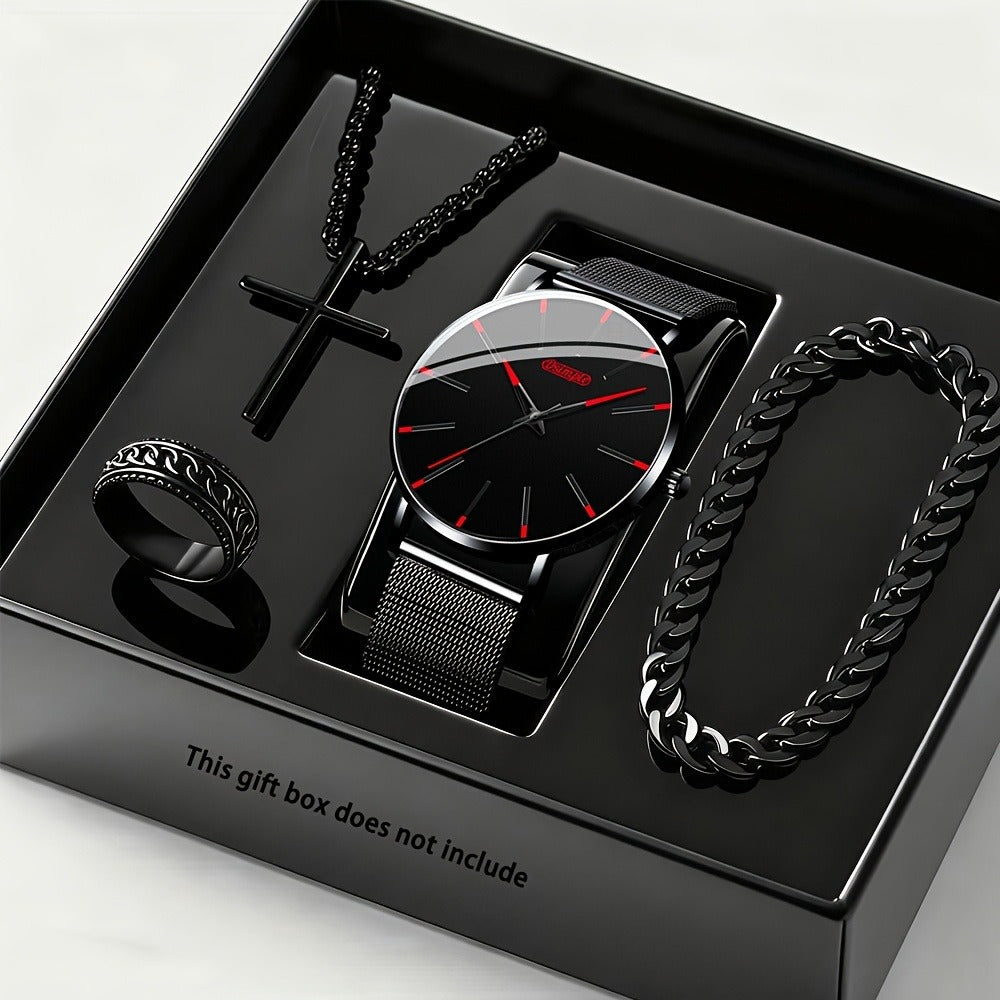 Jewelry Set with Watch - Luxury for Men 4pcs Quartz Analog Bracelet Necklace Gift Box Business - main product view