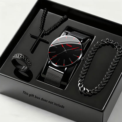 Jewelry Set with Watch - Luxury for Men 4pcs Quartz Analog Bracelet Necklace Gift Box Business - main product view