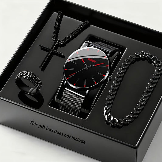 Jewelry Set with Watch - Luxury for Men 4pcs Quartz Analog Bracelet Necklace Gift Box Business - main product view