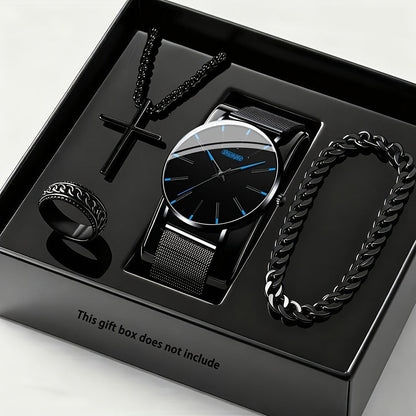 Jewelry Set with Watch - Luxury for Men 4pcs Quartz Analog Bracelet Necklace Gift Box Business - product detail view 2